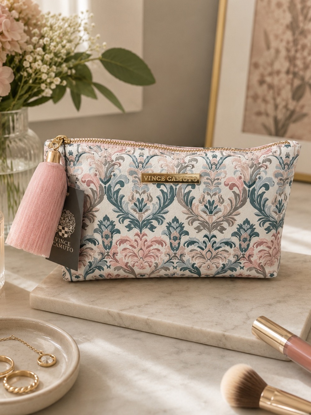 Vince Camuto Floral Tassel Makeup Pouch in Pink and Teal